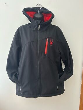 Spyder Black Hooded Softshell Jacket with Red Accents